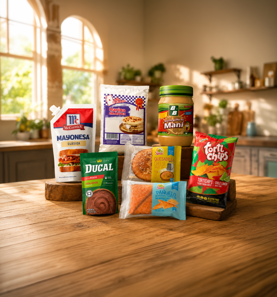 Central American grocery products on a wooden table